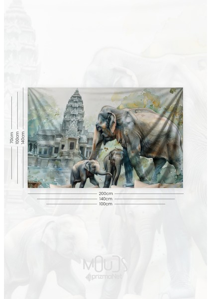 Fil Ailesi ve Tapınak Desenli Duvar Halısı Duvar Örtüsü Tapestry Süet Dokulu Kumaş fiyatları
