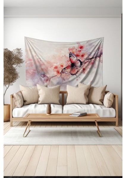 Çiçek Dalı ve Kelebek Desenli Duvar Halısı Duvar Örtüsü Tapestry Süet Dokulu Kumaş