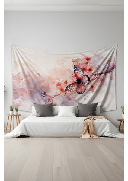 Çiçek Dalı ve Kelebek Desenli Duvar Halısı Duvar Örtüsü Tapestry Süet Dokulu Kumaş fiyatları