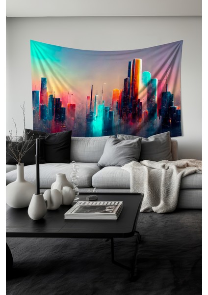 Neon Şehir Manzarası Desenli Duvar Halısı Duvar Örtüsü Tapestry Süet Dokulu Kumaş