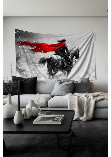 Pelerinli Savaşçı Desenli Duvar Halısı Duvar Örtüsü Tapestry Süet Dokulu Kumaş