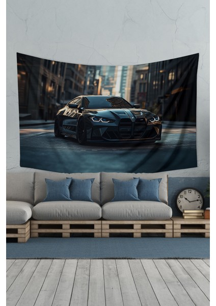 Siyah Spor Araba Desenli Duvar Halısı Duvar Örtüsü Tapestry Süet Dokulu Kumaş