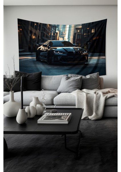 Siyah Spor Araba Desenli Duvar Halısı Duvar Örtüsü Tapestry Süet Dokulu Kumaş fiyatları