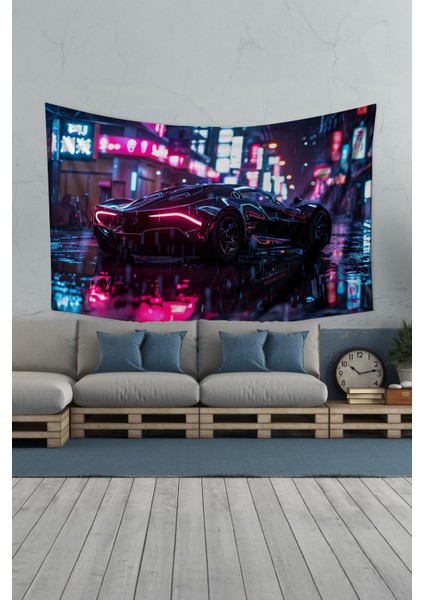 Neon Araba Desenli Duvar Halısı Duvar Örtüsü Tapestry Süet Dokulu Kumaş