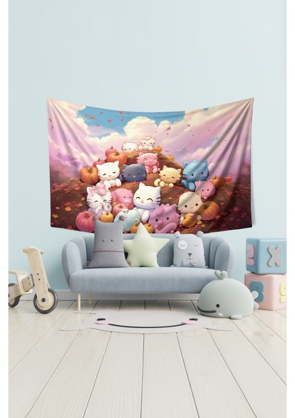 Sevimli Minik Kediler Desenli Duvar Halısı Duvar Örtüsü Çocuk Odası Tapestry Süet Dokulu Kumaş