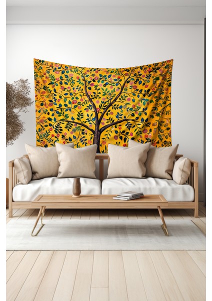 Sarı Çiçekli Ağaç Desenli Duvar Halısı Duvar Örtüsü Tapestry Süet Dokulu Kumaş
