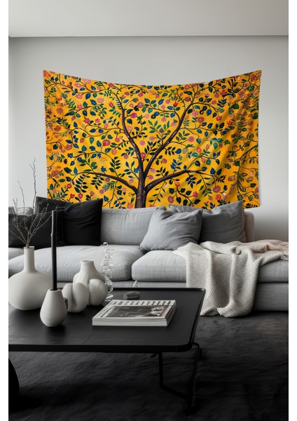 Sarı Çiçekli Ağaç Desenli Duvar Halısı Duvar Örtüsü Tapestry Süet Dokulu Kumaş fiyatları