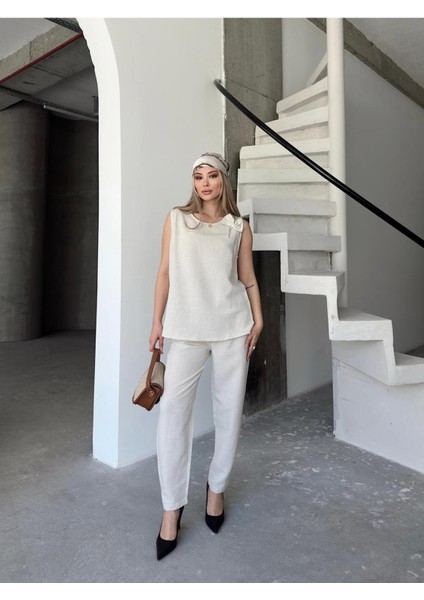 Mykonos Esintisi Bej Alt Üst Keten Takım