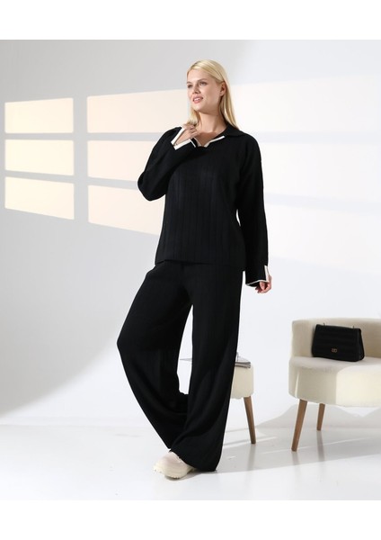 Kol ve Yaka Detay Fitilli Triko Takım