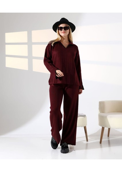 Kol ve Yaka Detay Fitilli Triko Takım