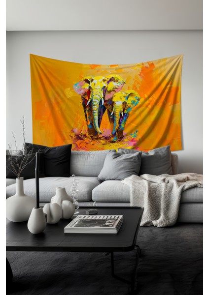 Sarı Filler Desenli Duvar Halısı Duvar Örtüsü Tapestry Süet Dokulu Kumaş