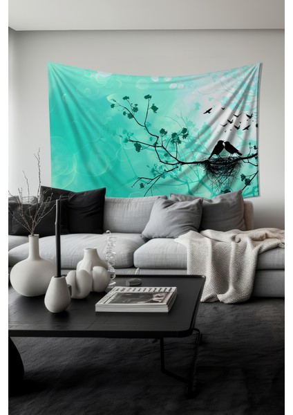 Mavi Kış Silüeti Desenli Duvar Halısı Duvar Örtüsü Tapestry Süet Dokulu Kumaş