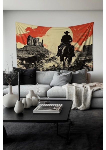Kovboy ve Gün Batımı Desenli Duvar Halısı Duvar Örtüsü Tapestry Süet Dokulu Kumaş