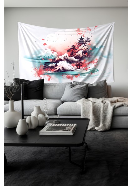 Japon Dağı Desenli Duvar Halısı Duvar Örtüsü Tapestry Süet Dokulu Kumaş
