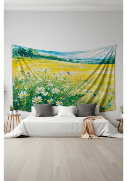 Papatya Tarlası Desenli Duvar Halısı Duvar Örtüsü Tapestry Süet Dokulu Kumaş