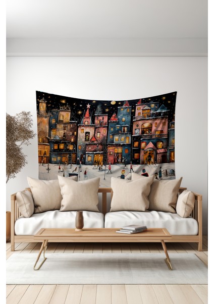 Kış Kasabası Desenli Duvar Halısı Duvar Örtüsü Tapestry Süet Dokulu Kumaş