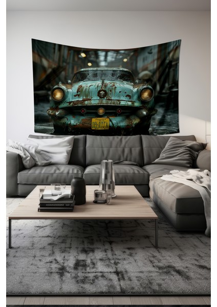Turkuaz Klasik Araba Desenli Duvar Halısı Duvar Örtüsü Tapestry Süet Dokulu Kumaş
