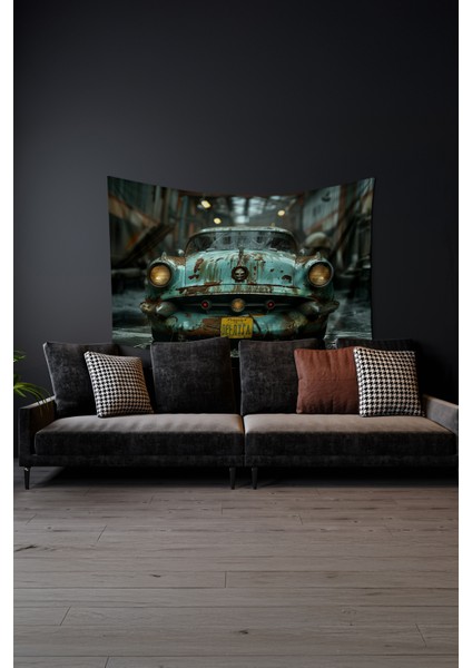 Turkuaz Klasik Araba Desenli Duvar Halısı Duvar Örtüsü Tapestry Süet Dokulu Kumaş fiyatları