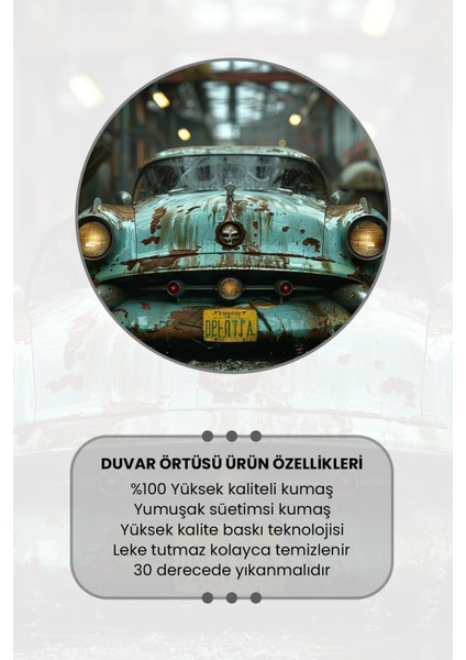 Turkuaz Klasik Araba Desenli Duvar Halısı Duvar Örtüsü Tapestry Süet Dokulu Kumaş fırsatları