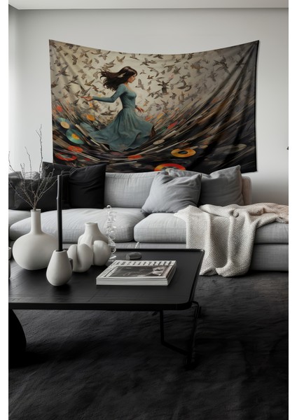 Müzik ve Kuşlar Desenli Duvar Halısı Duvar Örtüsü Tapestry Süet Dokulu Kumaş