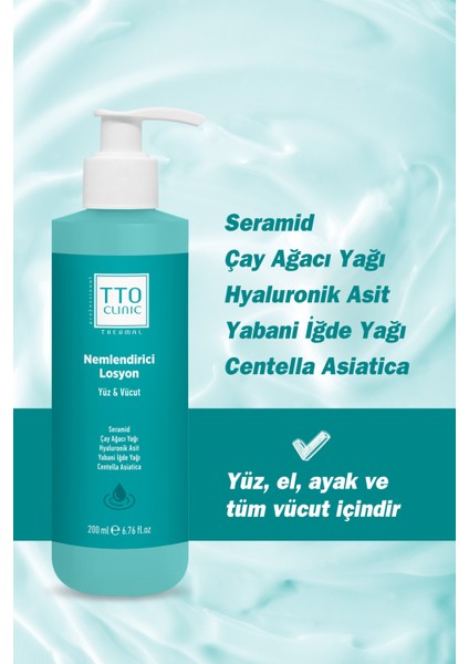 Clinic Nemlendirici Losyon 200 ml – Seramid ve Çay Ağacı Yağı ile Nem Dengesini Koruyan, Tüm Cilt Tiplerine Uygun Yüz ve Vücut Losyonu