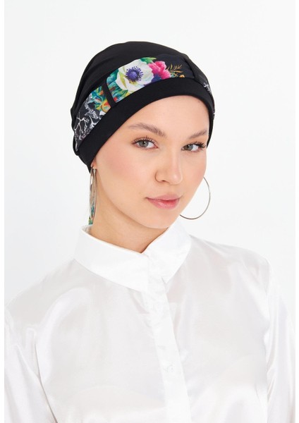 Siyah Pratik Hazır Geçmeli Tesettür Bone Sandy Kumaş Desenli Şifon Kemerli 1205D_01