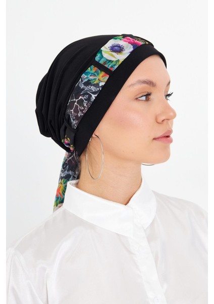 Siyah Pratik Hazır Geçmeli Tesettür Bone Sandy Kumaş Desenli Şifon Kemerli 1205D_01 fiyatları