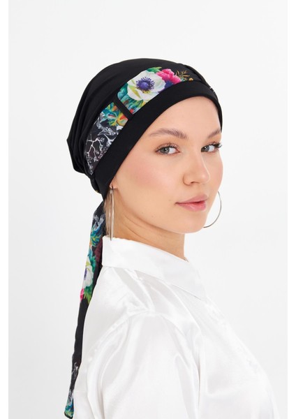 Siyah Pratik Hazır Geçmeli Tesettür Bone Sandy Kumaş Desenli Şifon Kemerli 1205D_01 modelleri