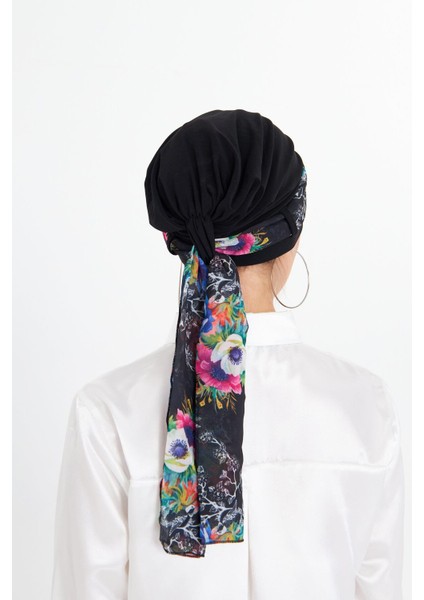 Siyah Pratik Hazır Geçmeli Tesettür Bone Sandy Kumaş Desenli Şifon Kemerli 1205D_01 fırsatları