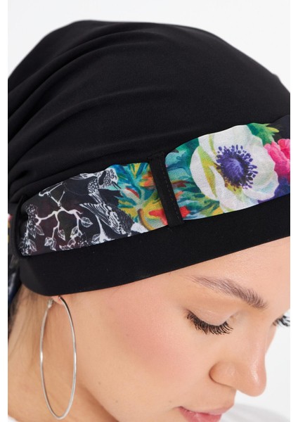 Siyah Pratik Hazır Geçmeli Tesettür Bone Sandy Kumaş Desenli Şifon Kemerli 1205D_01 indirimleri