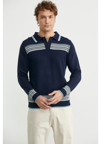 Polo Yaka Kilim Motifli Triko Kazak - Lacivert