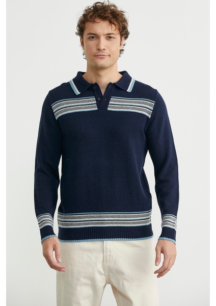 Polo Yaka Kilim Motifli Triko Kazak - Lacivert fiyatları