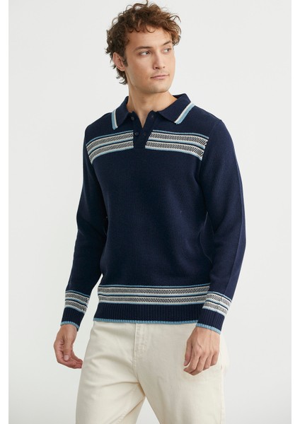 Polo Yaka Kilim Motifli Triko Kazak - Lacivert fırsatları