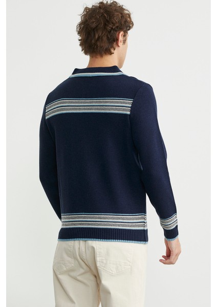 Polo Yaka Kilim Motifli Triko Kazak - Lacivert indirimleri