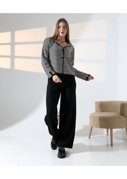 Çizgili Polo Yaka Kadın Triko Takım