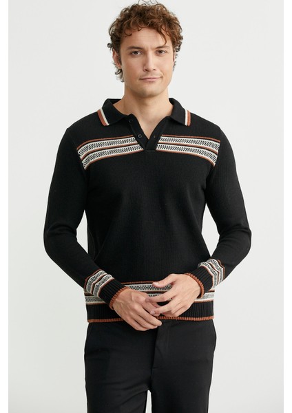 Polo Yaka Kilim Motifli Triko Kazak - Siyah