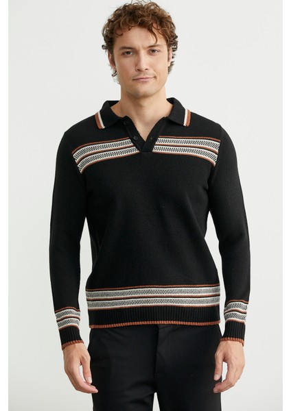 Polo Yaka Kilim Motifli Triko Kazak - Siyah fiyatları