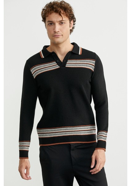 Polo Yaka Kilim Motifli Triko Kazak - Siyah modelleri