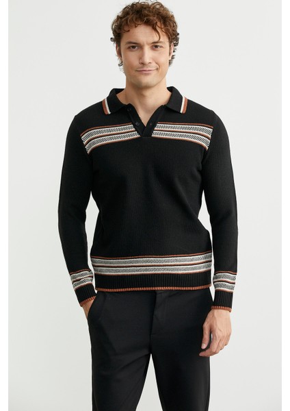 Polo Yaka Kilim Motifli Triko Kazak - Siyah fırsatları