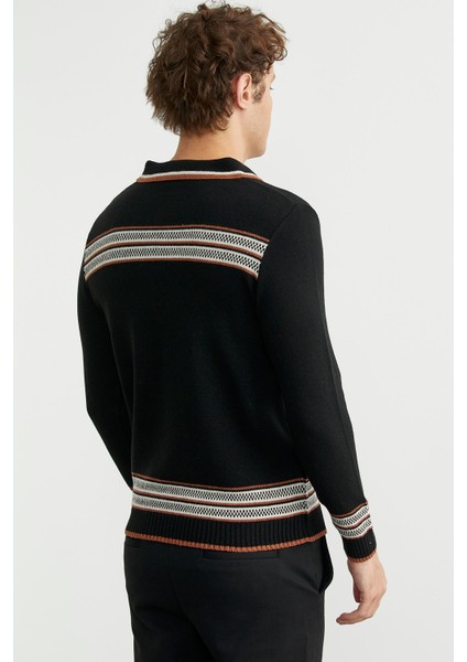 Polo Yaka Kilim Motifli Triko Kazak - Siyah indirimleri