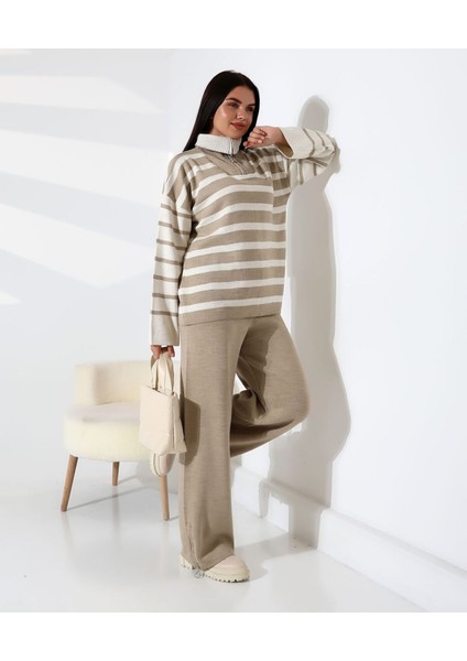 Fermuarlı Yaka Çizgili Sportif Triko Takım modelleri