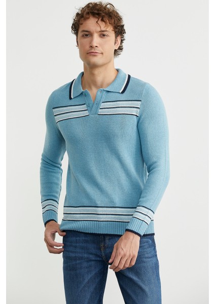 Polo Yaka Kilim Motifli Triko Kazak - Açık Mavi fiyatları