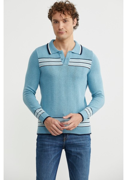 Polo Yaka Kilim Motifli Triko Kazak - Açık Mavi modelleri