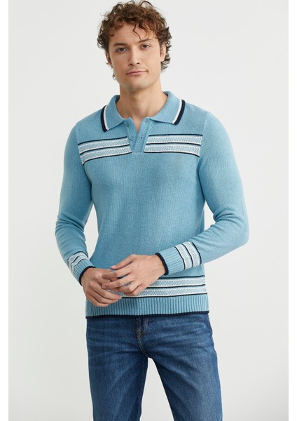 Polo Yaka Kilim Motifli Triko Kazak - Açık Mavi fırsatları