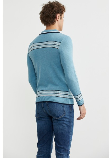 Polo Yaka Kilim Motifli Triko Kazak - Açık Mavi indirimleri