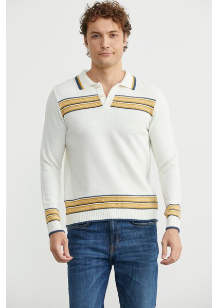 Polo Yaka Kilim Motifli Triko Kazak - Kemik