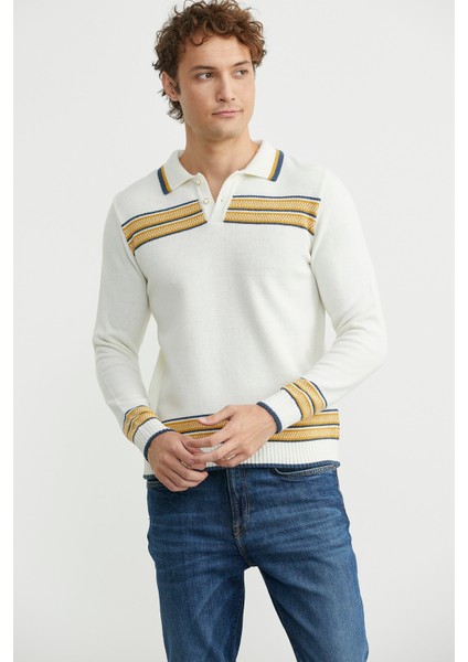 Polo Yaka Kilim Motifli Triko Kazak - Kemik fiyatları