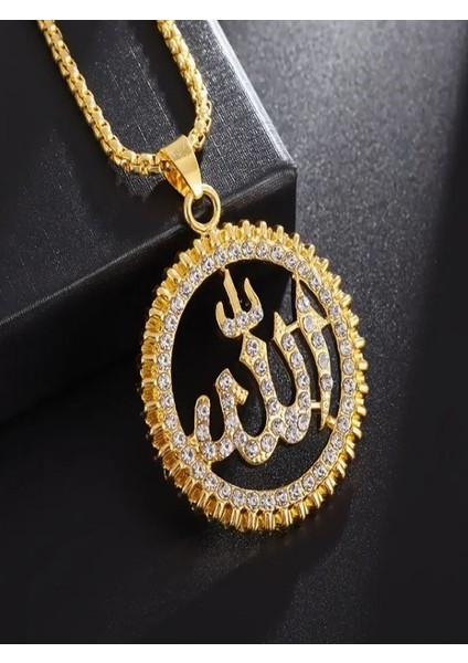 Taşlı Allah Yazılı Yuvarlak Kolye