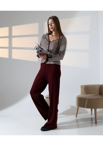 Çizgili Polo Yaka Kadın Triko Takım