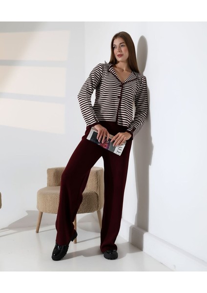 Çizgili Polo Yaka Kadın Triko Takım modelleri